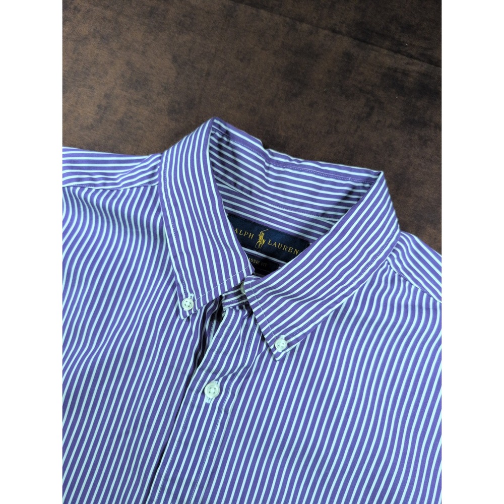 Ralph Lauren Mens Classic Fit Striped Button Down Shirt Purple‎ White 16.5 34/35